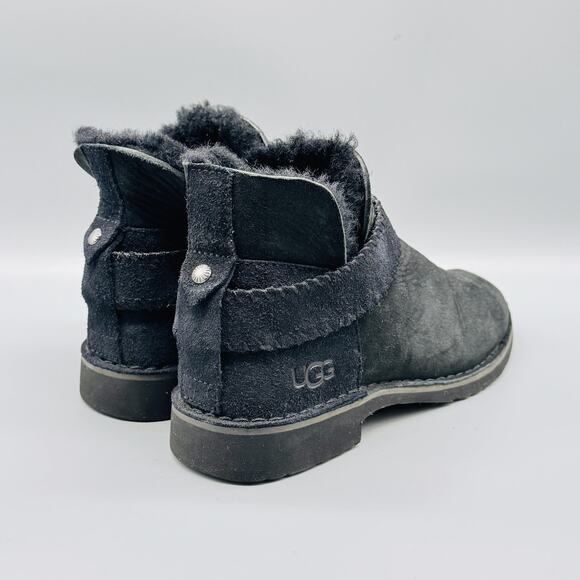 UGG Boots Womens 7 Black Suede Shearling Lined Ankle Booties Strap Casual - Picture 7 of 10